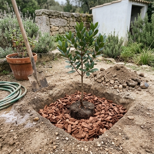 Cova de plantação de medronheiro jovem em solo arenoso, com casca de pinheiro como mulching.