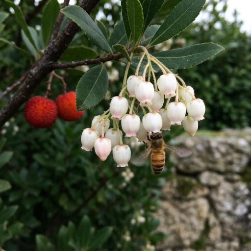 Abelha a visitar flores brancas em forma de urna do medronheiro (Arbutus unedo) no outono.