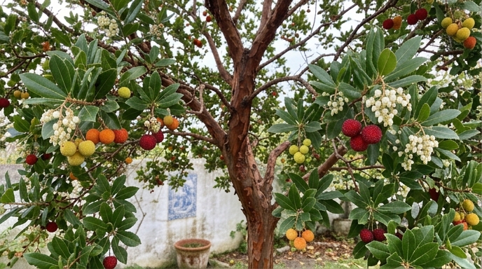 Medronheiro (Arbutus unedo) com frutos vermelhos e flores brancas em simultâneo, num jardim português de outono.