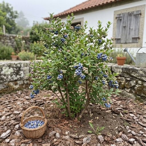 Pé adulto de mirtilo (Vaccinium corymbosum) 'Bluecrop' carregado de bagas azuis maduras num quintal do Minho.