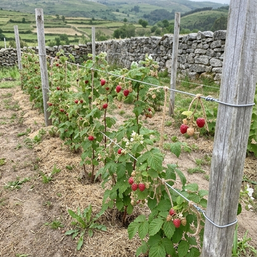 Fila de framboeseiras (Rubus idaeus) palissadas em arames sobre cerca em T num quintal de Trás-os-Montes.