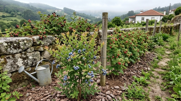 Mirtilos (Vaccinium corymbosum), framboesas (Rubus idaeus) e amoras (Rubus fruticosus) maduros junto a um muro de granito do norte de Portugal.