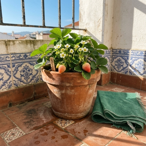 Morangueiro em vaso de terracota numa varanda virada a sul, com folhas verdes sob luz direta da manhã.