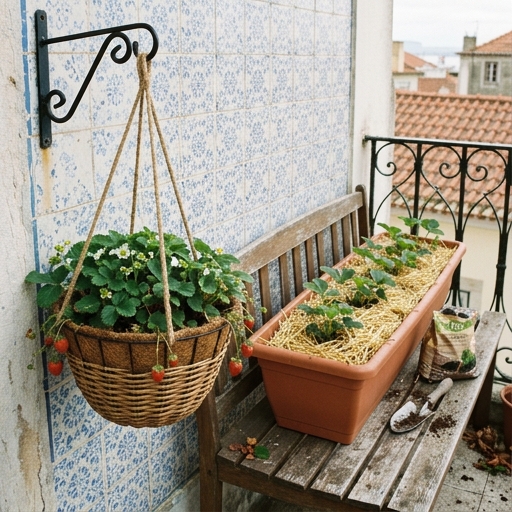 Cesto pendurado e jardineira retangular com morangueiros (Fragaria × ananassa) numa varanda portuguesa.