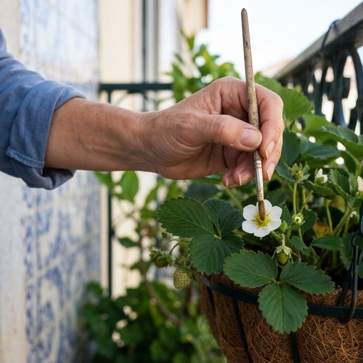 Mão a polinizar manualmente com pincel macio a flor branca de morangueiro (Fragaria × ananassa) num cesto pendurado.