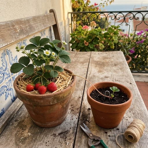 Estolho de morangueiro (Fragaria × ananassa) preso com arame em U a um vaso pequeno, criando uma planta-filha.