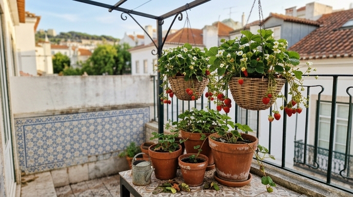 Cestos pendurados com morangueiros (Fragaria × ananassa) carregados de frutos vermelhos numa varanda lisboeta com azulejos azuis.