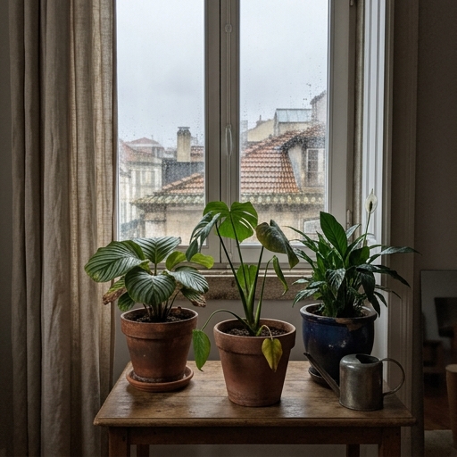 A Dança Interior-Exterior: Mover Plantas entre a Varanda e a Sala 5 Plantas de interior em vasos de barro junto a uma janela com vista de chuva de inverno em Lisboa.