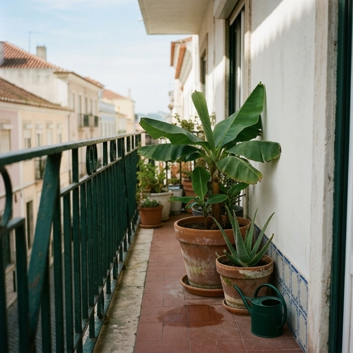 A Dança Interior-Exterior: Mover Plantas entre a Varanda e a Sala 6 Bananeira-anã (Musa acuminata) e aloés-vera (Aloe vera) recém-colocados numa varanda em abril, em vasos de barro.