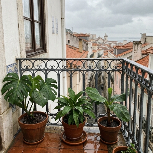 A Dança Interior-Exterior: Mover Plantas entre a Varanda e a Sala 11 Varanda lisboeta com plantas em vasos de barro durante uma chuva de outono, gotas a escorrer pelas folhas.