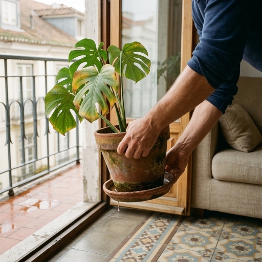 A Dança Interior-Exterior: Mover Plantas entre a Varanda e a Sala 12 Mãos a transportar um vaso de barro com costela-de-adão para o interior da sala, em outubro.