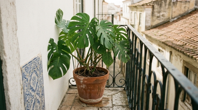 Costela-de-adão (Monstera deliciosa) em vaso de barro numa varanda lisboeta com gradeamento de ferro forjado e azulejos.