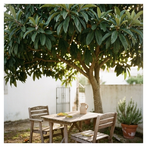 Nespereiras: A Árvore de Fruta Esquecida que Frutifica na Primavera 7 Copa larga de nespereira (Eriobotrya japonica) a fazer sombra densa sobre uma mesa de quintal.