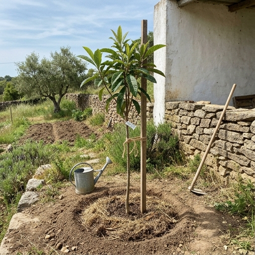 Nespereiras: A Árvore de Fruta Esquecida que Frutifica na Primavera 8 Nespereira jovem plantada junto a um muro de pedra, em encosta voltada a sul num quintal português.