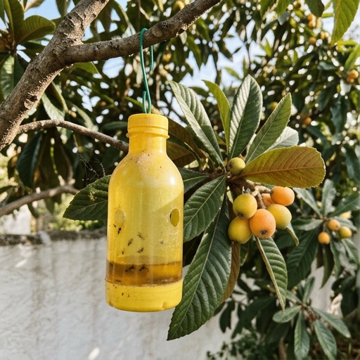 Nespereiras: A Árvore de Fruta Esquecida que Frutifica na Primavera 9 Armadilha amarela de captura para mosca-do-mediterrâneo (Ceratitis capitata) pendurada num ramo de nespereira com fruta.