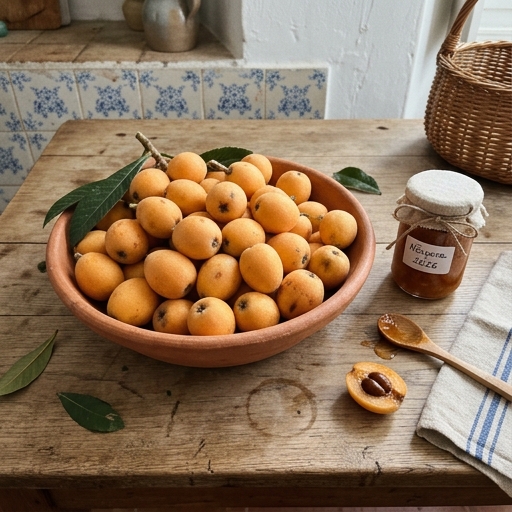 Nespereiras: A Árvore de Fruta Esquecida que Frutifica na Primavera 10 Tigela de barro com nêsperas (Eriobotrya japonica) recém-colhidas e um frasco de compota ao lado.