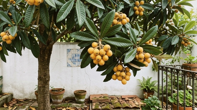 Nespereira (Eriobotrya japonica) carregada de nêsperas amarelo-alaranjadas em cacho num quintal lisboeta.