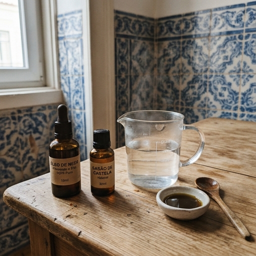 Óleo de Neem Caseiro: Receita e Aplicação no Jardim 6 Ingredientes para o spray de neem: óleo, sabão de castela líquido e água morna num jarro medidor.