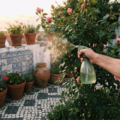 Óleo de Neem Caseiro: Receita e Aplicação no Jardim 8 Pulverização de spray de neem numa roseira (Rosa spp.) ao entardecer, num jardim português.