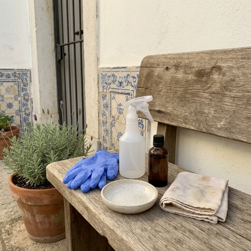 Óleo de Neem Caseiro: Receita e Aplicação no Jardim 9 Equipamento de aplicação arrumado num pátio português: pulverizador, luvas de nitrilo e frasco de óleo de neem fechado.