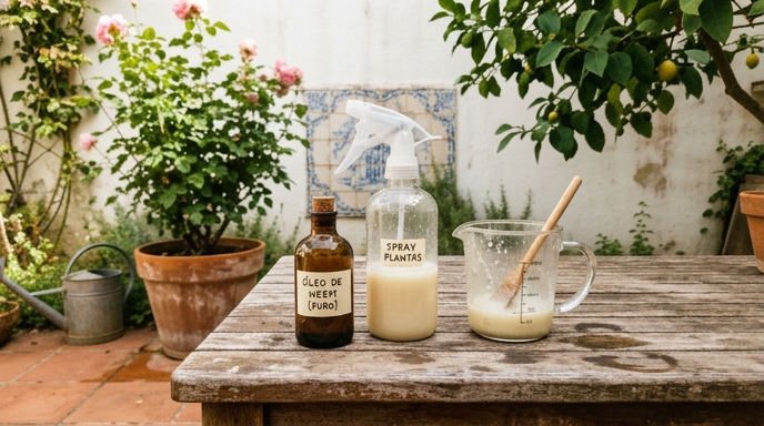 Frasco de óleo de neem (Azadirachta indica) e pulverizador sobre bancada de quintal português com azulejos azuis e brancos ao fundo.