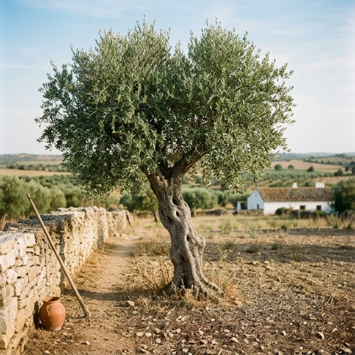 Oliveiras no Jardim: Da Plantação à Primeira Colheita 7 Oliveira adulta num quintal alentejano com tronco torcido, folhagem prateada e muro de pedra seca ao fundo.