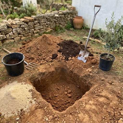 Oliveiras no Jardim: Da Plantação à Primeira Colheita 8 Cova larga aberta no solo para plantar oliveira, com terra solta, composto e pá apoiada ao lado.