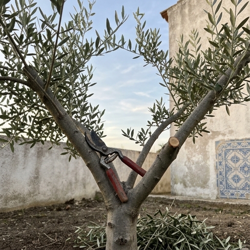 Oliveiras no Jardim: Da Plantação à Primeira Colheita 9 Pormenor de ramos de oliveira (Olea europaea) podados em vaso aberto, com folhagem prateada contra o céu.