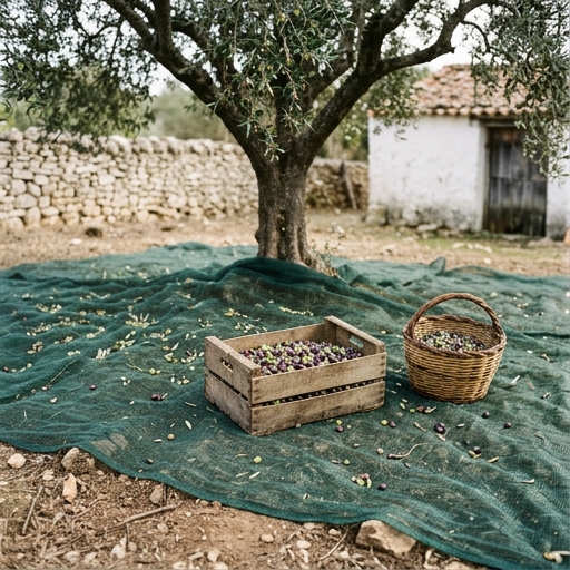 Oliveiras no Jardim: Da Plantação à Primeira Colheita 10 Azeitonas (Olea europaea) recém-apanhadas em caixa de madeira sobre rede tradicional estendida debaixo da oliveira.