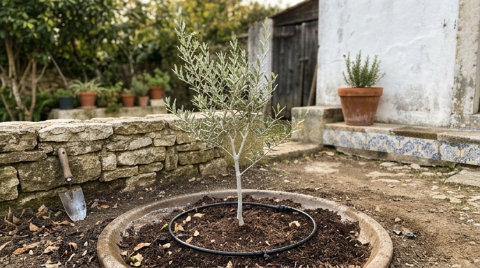 Oliveira jovem (Olea europaea) plantada num quintal português, com folhagem prateada e muro de pedra ao fundo.
