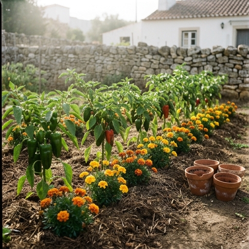 Cravos-de-defunto (Tagetes patula) plantados nos intervalos entre pés de pimento (Capsicum annuum).