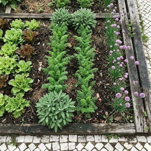 Canteiro de cenouras (Daucus carota) com sálvia (Salvia officinalis) e cebolinha (Allium schoenoprasum) nas bordas.