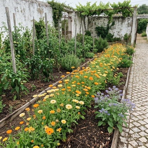 Bordadura de calêndulas (Calendula officinalis) ao longo do bordo de um canteiro de hortaliças numa horta portuguesa.