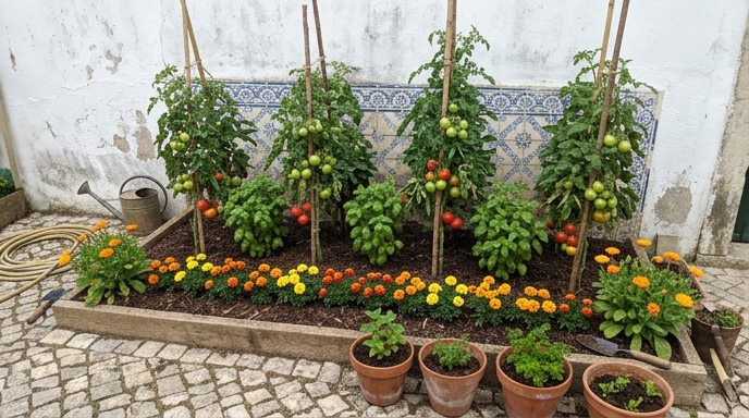 Horta caseira portuguesa com tomateiros, manjericão (Ocimum basilicum) e cravos-de-defunto (Tagetes patula) intercalados num canteiro.