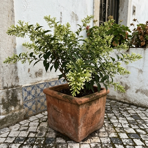 Jasmim-da-noite (Cestrum nocturnum) com flores tubulares brancas abertas em vaso grande de terracota num pátio.
