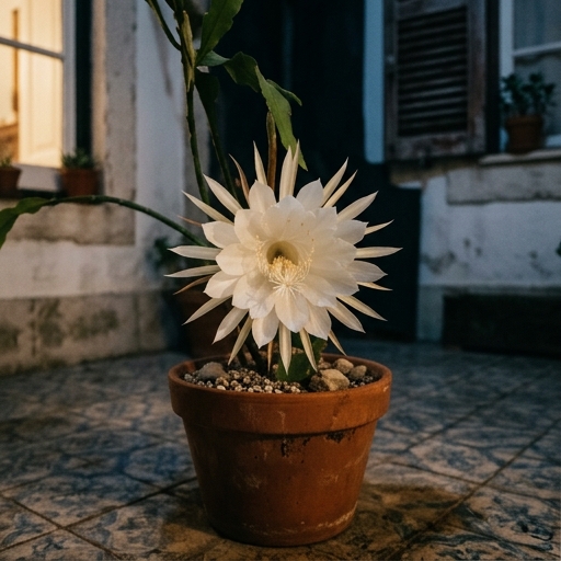 Flor branca da dama-da-noite (Epiphyllum oxypetalum) aberta à noite, com 20 cm de diâmetro, em vaso.