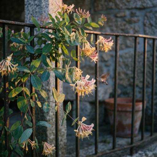 Madressilva (Lonicera periclymenum) em flor a trepar num gradeamento de ferro forjado num jardim português.