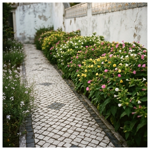 Boas-noites (Mirabilis jalapa) e bocas-de-lobo (Matthiola longipetala) ao longo de caminho de calçada portuguesa.