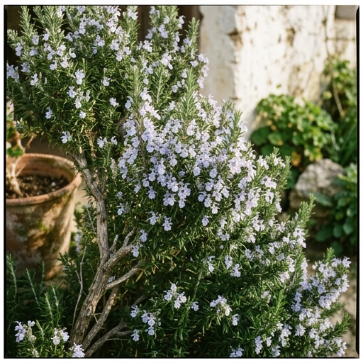 Pormenor de alecrim (Salvia rosmarinus) em flor azul-lilás, com folhas verde-escuras, num jardim mediterrânico português.