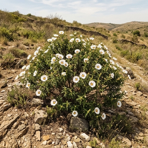 Esteva (Cistus ladanifer) em flor branca com manchas púrpura, plantada num talude pedregoso seco de jardim alentejano.