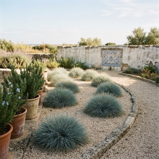 Touceiras de festuca-azul (Festuca glauca) num canteiro de gravilha clara, num jardim seco português de baixa manutenção.