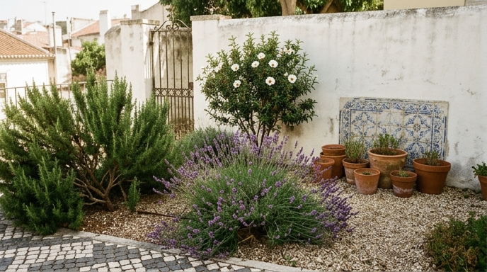 Canteiro de alfazema (Lavandula angustifolia), alecrim e esteva junto a um muro caiado, com vasos de barro e gravilha.