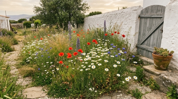 Prado florido nativo português em flor com papoilas (Papaver rhoeas) e malmequeres-do-campo (Leucanthemum vulgare).