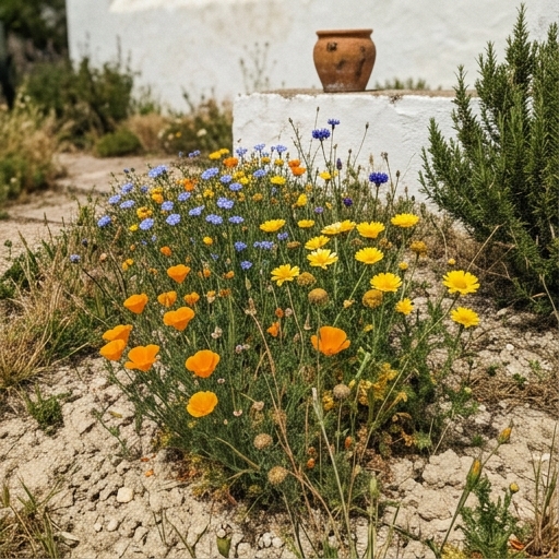 Prado Florido em Portugal: Misturas de Sementes por Região Climática 7 Papoila-da-califórnia (Eschscholzia californica) e malmequeres a florir em solo seco de Algarve.