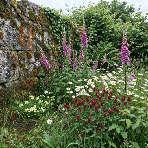 Prado Florido em Portugal: Misturas de Sementes por Região Climática 8 Dedaleira (Digitalis purpurea), malmequer-dos-prados e trevo-encarnado num quintal do Minho.