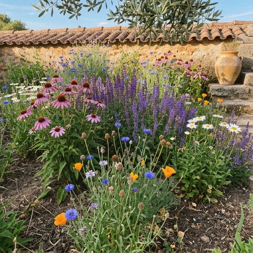 Prado Florido em Portugal: Misturas de Sementes por Região Climática 9 Equinácea (Echinacea purpurea), salva-dos-prados e centáureas num jardim do centro de Portugal.