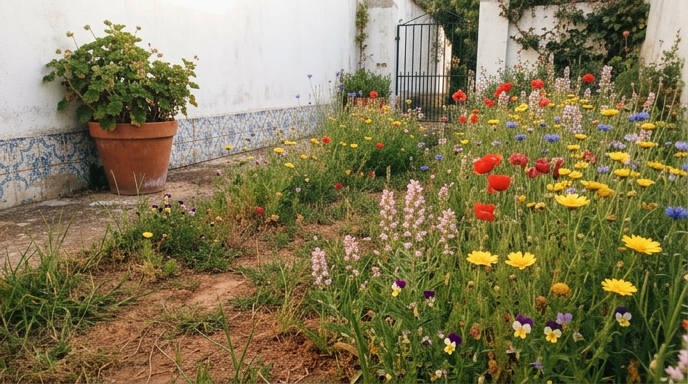 Prado florido em jardim português com papoilas (Papaver rhoeas), malmequeres e centáureas em floração primaveril.