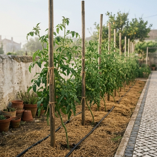 Tomateiros indeterminados em estacas robustas, com 60 a 80 cm de espaçamento entre plantas numa horta portuguesa.