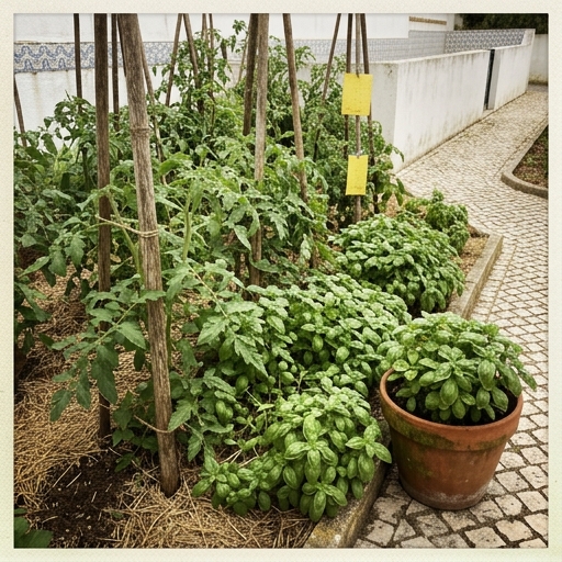 Associação de manjericão (Ocimum basilicum) e tomateiros numa horta caseira portuguesa.