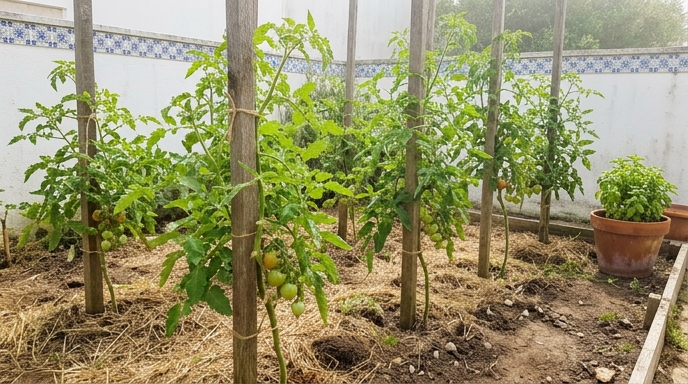 Tomateiros indeterminados (Solanum lycopersicum) bem espaçados em estacas de madeira numa horta caseira portuguesa.